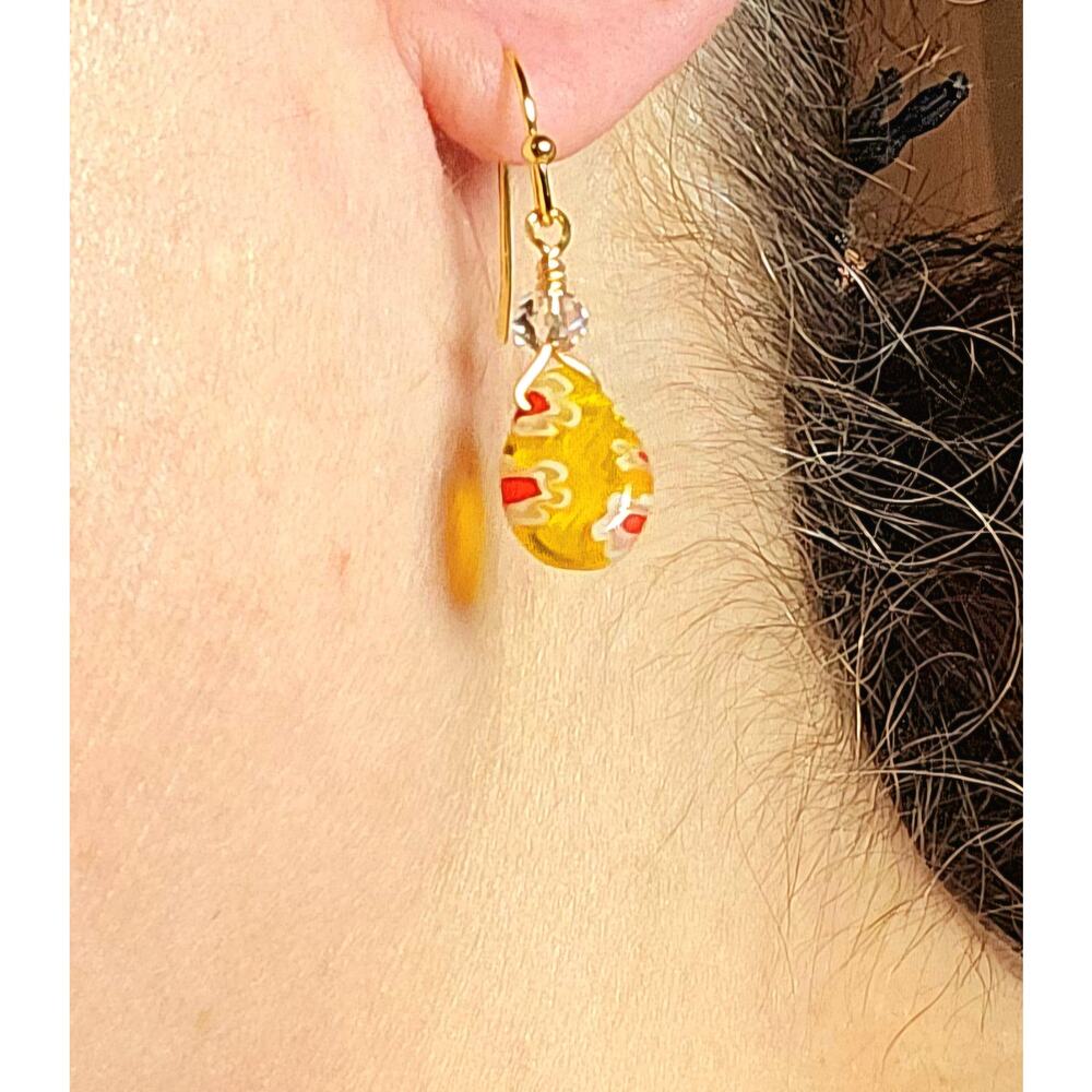 Yellow Millefiori Earrings Flowers Resin Drop Hook 14K Gold Filled Boho Bohemian